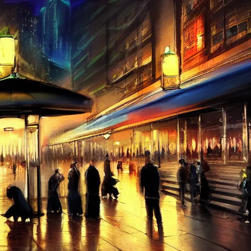 Prompt: wlop masterpiece, some people waiting in bus stop in dark city night, detailed, high quality, high resolution