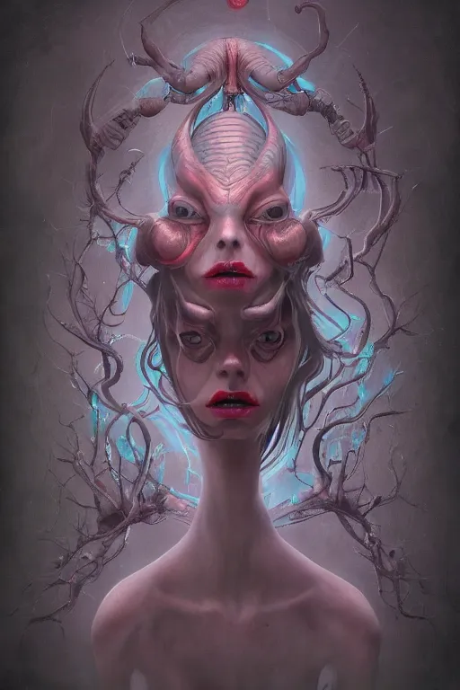 Prompt: eccentric alien queen, weird, creepy, horror, goth vibes, moody aesthetic, james jean, tom bagshaw, gerald brom, artgerm, 4 k, smooth, hd, substance designer render, cel shading, toon shading, colorful,