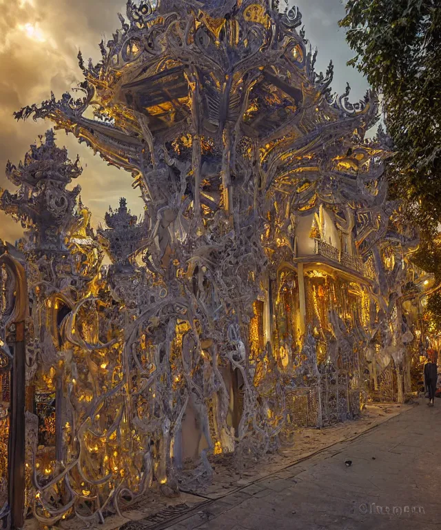 Prompt: a streeet view of wat rong khun temple by charlie bowater and art germ, rule of thirds, golden ratio, art nouveau! cyberpunk! style, mechanical accents!, mecha plate armor, glowing leds, flowing wires with leaves, art nouveau accents, art nouveau patterns and geometry, rich deep moody colors