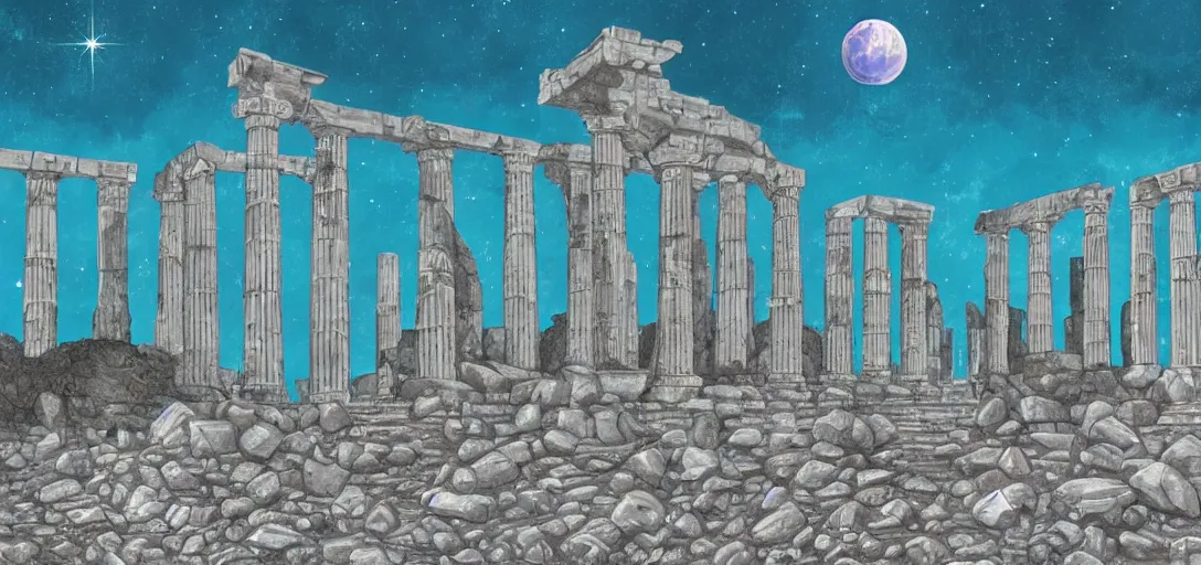 Image similar to The ruins of the Silver Millennium on the moon from Sailor Moon, digital painting, planet Earth in the distance, Greek-esque columns and ruins