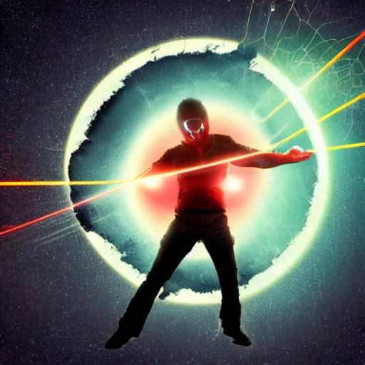 Prompt: a guy shooting lasers from his eyes, shooting at the center of the earth