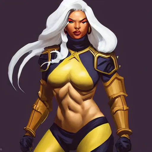 Image similar to greg manchess portrait painting of partially armored ororo munroe alias storm as overwatch character, medium shot, asymmetrical, profile picture, organic painting, sunny day, matte painting, bold shapes, hard edges, street art, trending on artstation, by huang guangjian and gil elvgren and sachin teng