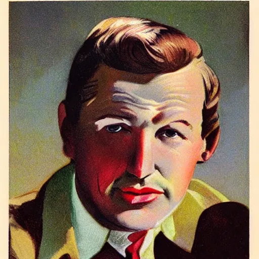 Prompt: “James Macvoy portrait, color vintage magazine illustration 1950”