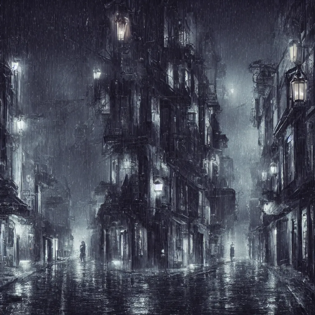 Image similar to a beautiful dark rural city ally at night, there are lanterns reflecting in the cold rain, trending on artstation, 4k