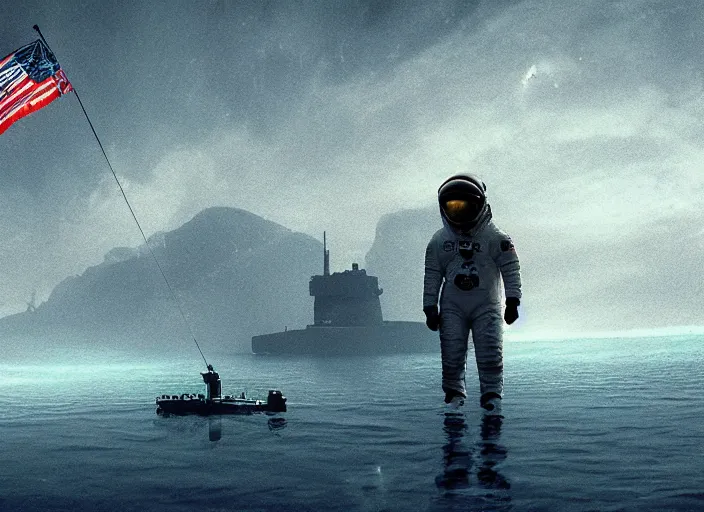 Image similar to astronaut holding a flag in an underwater desert. a submarine is visible in the distance. dark, concept art, cinematic, dramatic, atmospheric, 8 k, trending on artstation, blue, fish, low visibility, fog, ocean floor, christopher nolan, interstellar