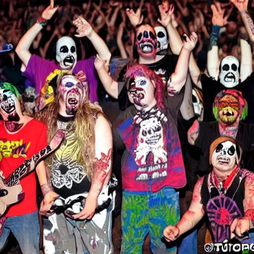Image similar to juggalos invading a grateful dead concert, highly detailed facial expressions