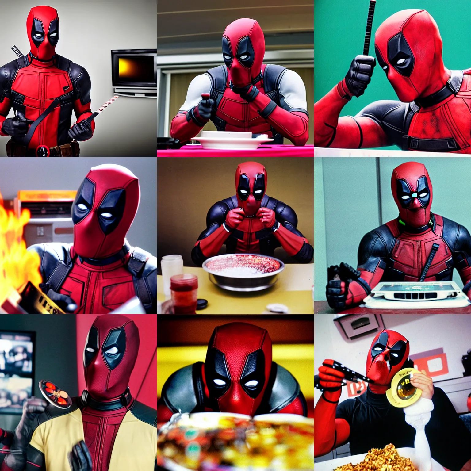 Prompt: deadpool eating a color television in a tv eating contest, photograph for newspaper