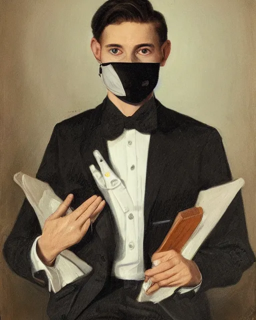 Image similar to portrait of young man wearing black medical mask, suit and tie, style of james c. christensen