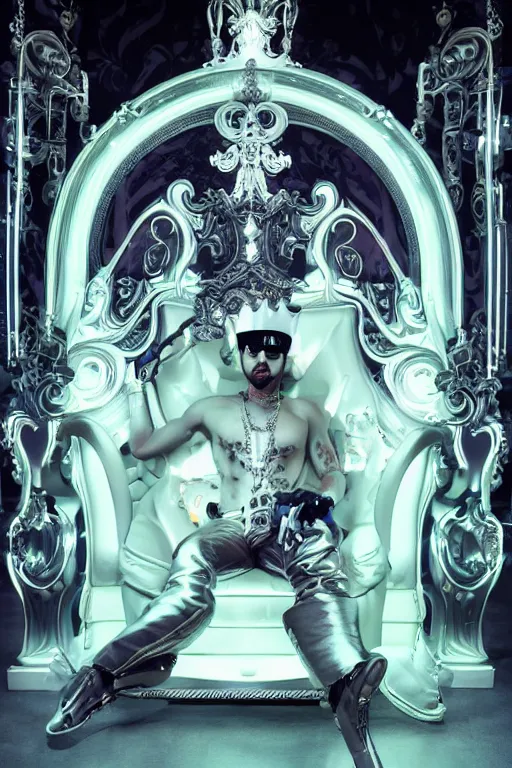 Image similar to full-body rococo and cyberpunk style neon statue of a muscular attractive Yandel macho dotado e rico android sim roupa reclining con las piernas abertas e la piroca dura, glowing white lasers, glowing eyes, silver prince crown, silver steampunk gears, white diamonds, swirling mint-colored silk fabric. futuristic elements. ethereal white dripping tar. full-length view. space robots. human skulls. large white balloon animals. intricate artwork by caravaggio. Trending on artstation, octane render, cinematic lighting from the right, hyper realism, octane render, 8k, depth of field, 3D