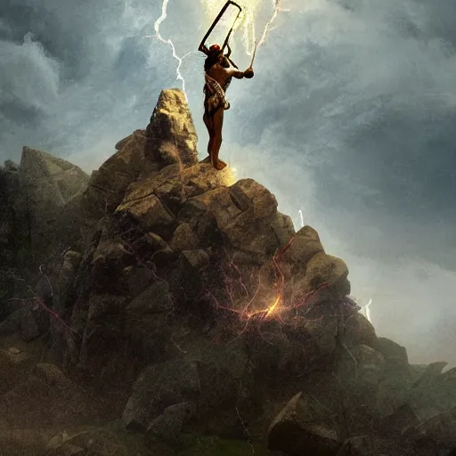 Prompt: in the ruins of mount oylmpus the roman gods look down on the mortals, zeus holds a lightning rod and thor has his hammer, digital art, 4 k,