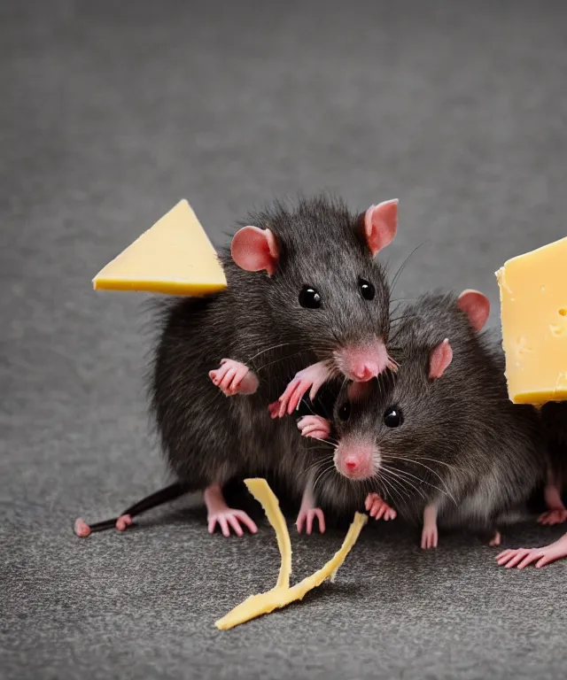 Prompt: high quality presentation photo of vicious anthropomorphic rats with sharp teeth eating cheese, photography 4k f1.8 anamorphic bokeh 4k Canon Nikon