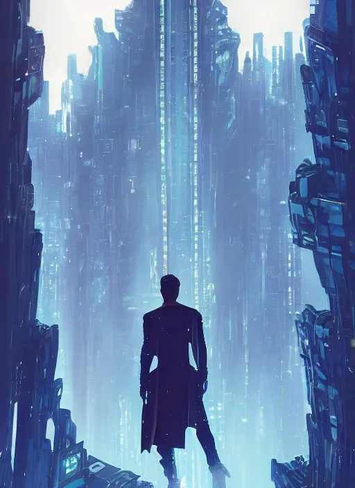 Image similar to comic book art of a [ man ] in trenchcoat with ( glowing ) [ gloves ] and [ boots ] in a [ jungle ] looking up at a [ tower ] extending into the sky made of crystalized glowing rock,, low angle, artstation illustration, elegant, cyberpunk, volumetric fog, arcane by tim doyle