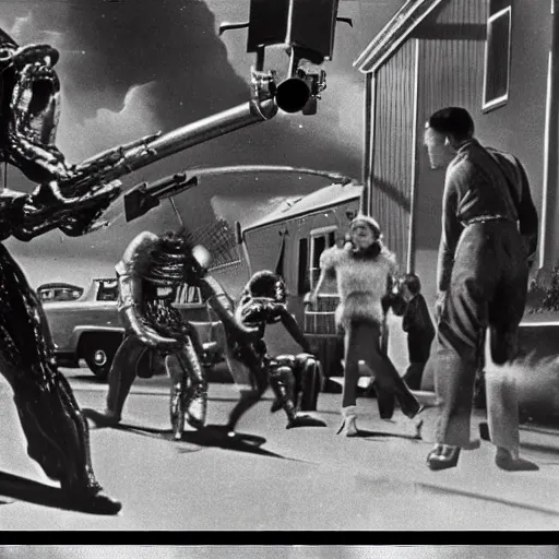 Image similar to 1 9 5 0 s, sci - fi movie, vintage movie grain, alien gunmen attack suburbia street