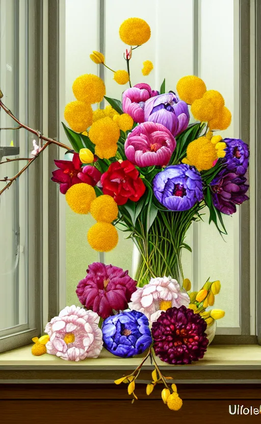 Prompt: still life of flowers and fruit, centered, window lighting, complex 3 d render, ultra detailed, 1 0 5 mm lens, refined, high definition, cherry blossoms, white flowers, red berries, detailed branches, twigs, lavender, yellow st joseph lily, peonies, foliage, marigold, tulips, blue iris,