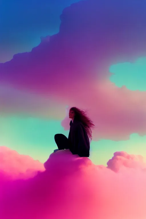 Image similar to high quality pastel coloured film photograph of a model wearing clothing resting on cloud furniture in a nordic black rock environment in a haze filled dreamstate world. three point light, rainbow. photographic production. art directed. pastel colours. volumetric clouds. pastel gradient overlay. waves glitch artefacts. 8 k. filmic.