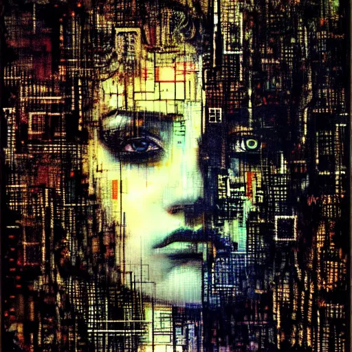 Prompt: portrait of a youthful beautiful women, mysterious, glitch effects over the eyes, sorrow, crying, shadows, by Guy Denning, by Johannes Itten, by Russ Mills, centered, glitch art, innocent, hacking effects, chromatic, cyberpunk, light, colour blocking, oil on canvas, abstract