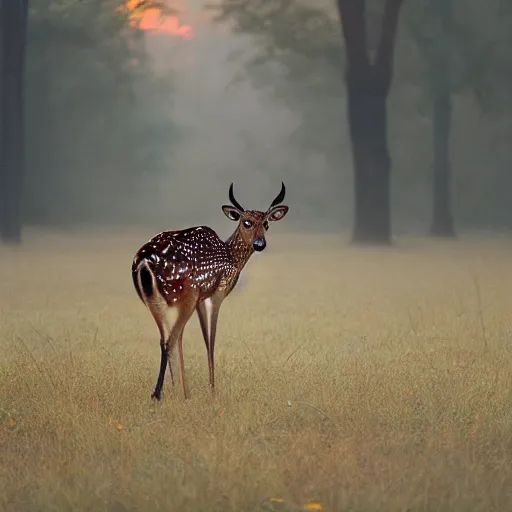 Image similar to a beautiful spotted deer in the woods lit by the morning sky, sunrise, chital, photorealistic, by annie leibovitz and steve mccurry, natural light, canon eos c 3 0 0, ƒ 1. 8, 3 5 mm, 8 k, medium - format print