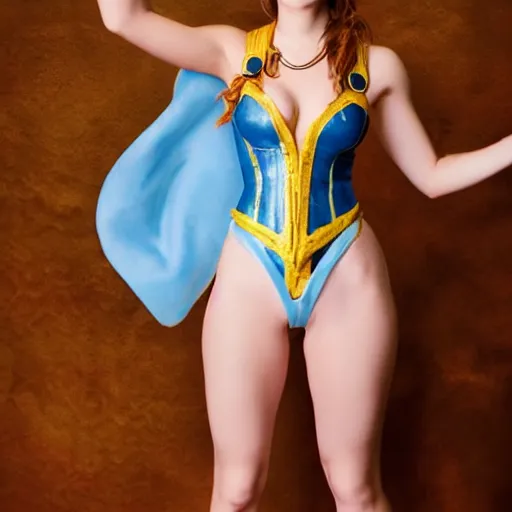 Image similar to a full body photo of emma watson as nami from one piece holding a trident in one hand, award winning photography, 50 mm, perfect faces.