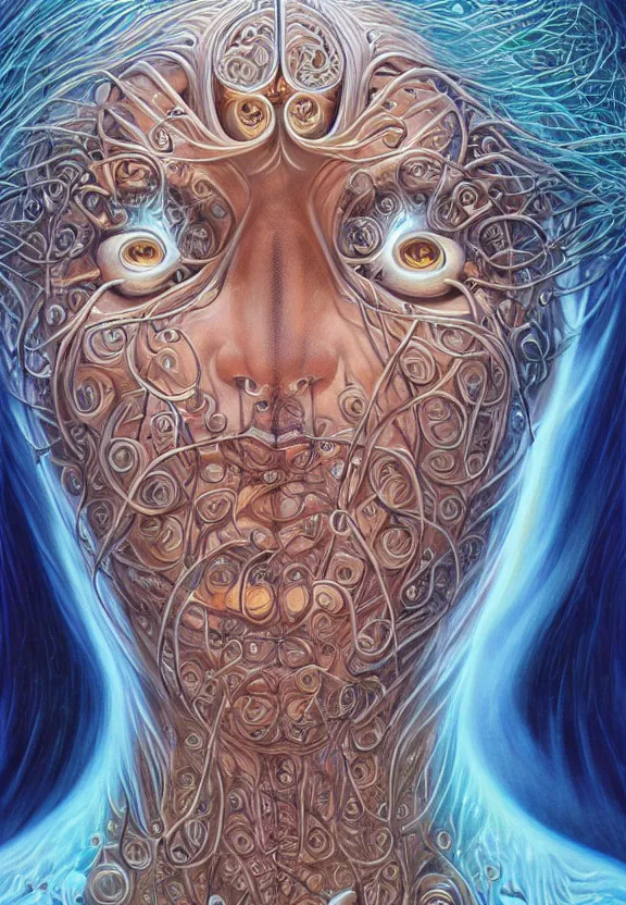 Image similar to perfectly centered portrait front view of a beautiful biomechanical moon goddess, flowing hair, intense stare, sweet smile, symmetrical, concept art, intricate detail, volumetric shadows and lighting, realistic oil painting by alex grey,