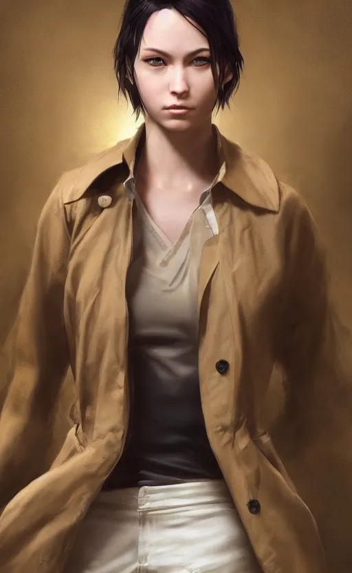 Image similar to upper body portrait of a girl from final fantasy live action, with short black hair and green eyes in a tan trenchcoat over a white shirt, award winning, masterpiece digital painting by greg rutkowski, alex grey, artstation, 4 k wallpaper,