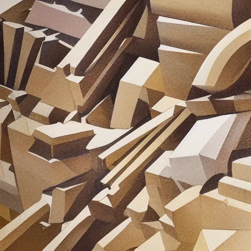 Image similar to masterpiece abstract intricate painting of detailed multiple layers of rocky material. highly geometric slanting down. isometric angles. beautiful use of light and shadow to create a sense of depth. using architectural brushwork and a limited earthy color palette, providing a mathematical sketchy look.