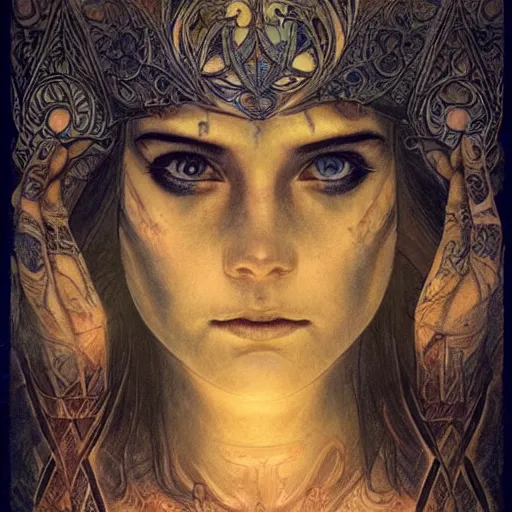 Image similar to Extreamly beautiful Eyes, tattooed face, Hypnotic Eyes, Emotional Eyes, by Annie Swynnerton and Nicholas Roerich and jean delville, glowing paper lanterns, Luis Royo, strong dramatic cinematic lighting , ornate tiled architecture, lost civilizations, smooth, sharp focus, extremely detailed