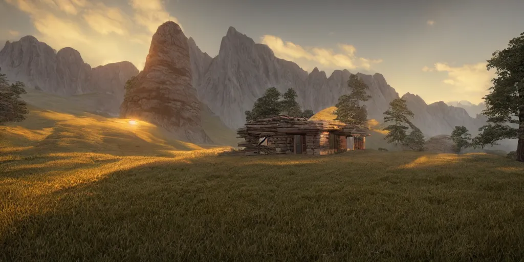 Prompt: a serene mountainous landscape with a singular building at sunrise, concept art, octane render, unreal engine 5, trending on DeviantArt, highly detailed, high quality, 4K, symmetrical, godrays, complementary colors, path traced, matte painting, breathtaking landscape, epic image, soft lighting