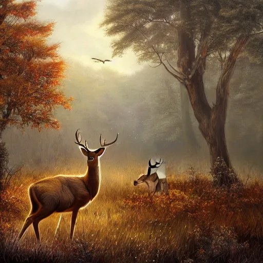 Image similar to deer looking in a distance landscape photprealism ultradetailed digital art, irina french, heraldo ortega, mandy jurgens, golden ratio, art canvas, award winning, masterpiece trending on artstation 8 k 1 5 0 mpx