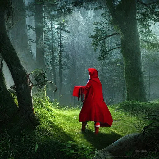 Image similar to portrait of a smirking heavily armed little red riding hood with a cute and beautiful face, getting attacked by a werewolf from behind in a lush green forest, sharp focus, unreal engine 5, digital illustration, volumetric light, highly detailed, intricate, by michael whelan, james gurney, 8 k