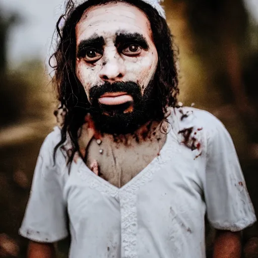 Prompt: middle eastern zombie man in the sky with long hair, canon eos r 3, f / 1. 4, iso 2 0 0, 1 / 1 6 0 s, 8 k, raw, unedited, symmetrical balance, wide angle