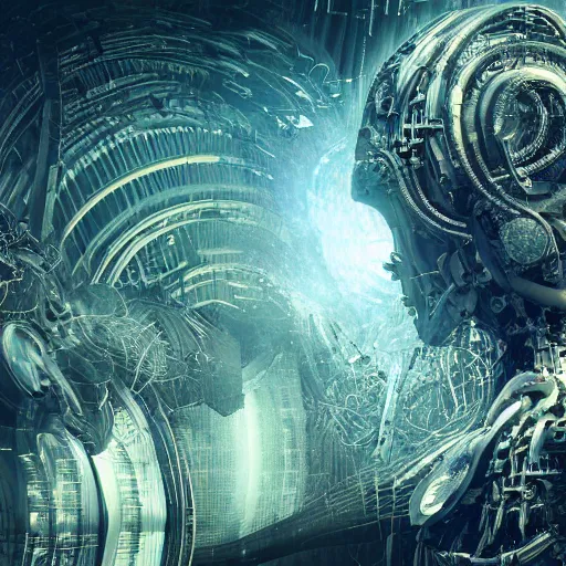 Image similar to cybernetic demon dreaming the destruction of the cosmos with its networked mind, lsd, circuitry, intricate detail, royo, whealan, giger, klimt, hd, octane render, unreal engine,