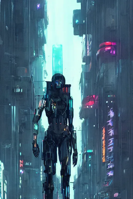 Image similar to black male cyborg body modifications hd greg rutkowski low perspective! cyberpunk city neon rain