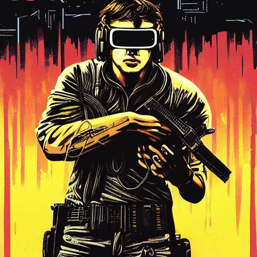 Prompt: Illustrated by Shepard Fairey and H.R. Geiger | Cyberpunk Rambo with VR helmet, surrounded by cables