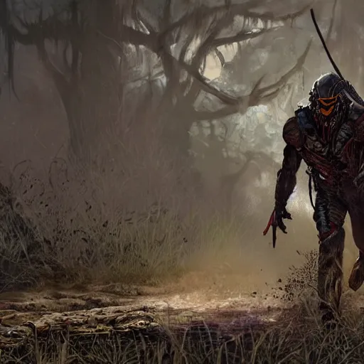 Prompt: the predator hunting a cowboy in the Louisiana bayou at night, video game concept art