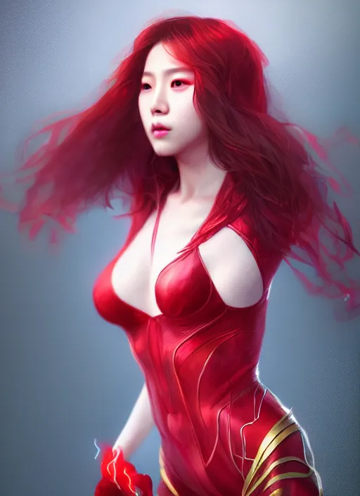 Image similar to kpop scarlet witch, naturel, hyper detailed, digital art, trending in artstation, cinematic lighting, studio quality, smooth render, unreal engine 5 rendered, octane rendered, art style by klimt and nixeu and ian sprigger and wlop and krenz cushart