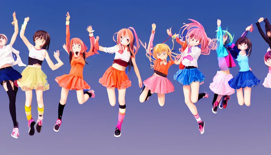 Image similar to group of cute anime characters jumping, colorful outfits, short miniskirts, lightly dressed, ultra detailed digital art, hyper real, detailed, group photo, ultra detailed, ground up angle