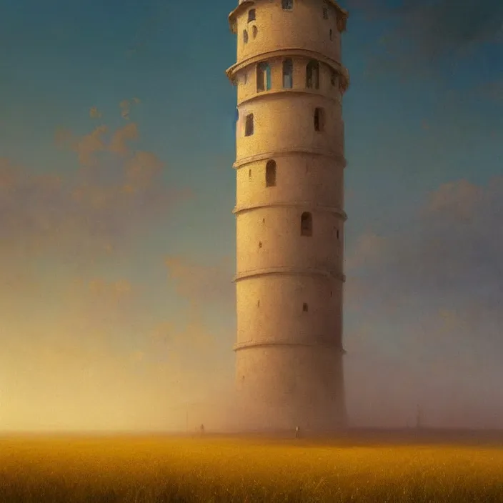 Prompt: a beautiful painting of a tower in a field of golden wheat by ivan aivazovsky and zdzisław beksinski and rene magritte and greg rutkowski and james gurney, in style of digital art. hyper detailed. octane render. maya. trending on artstation