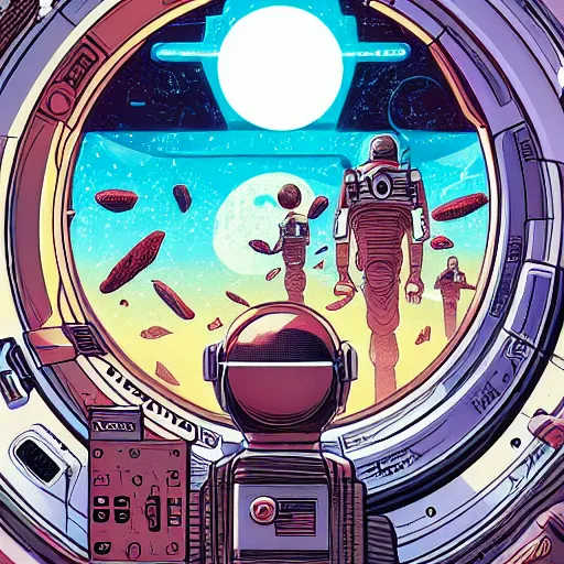 Image similar to view of an alien planet from the window of a space station, highly detailed, smooth, sharp focus, high contrast, bold warm and cool colours, graphic novel, art by laurie greasley and pepe larraz,