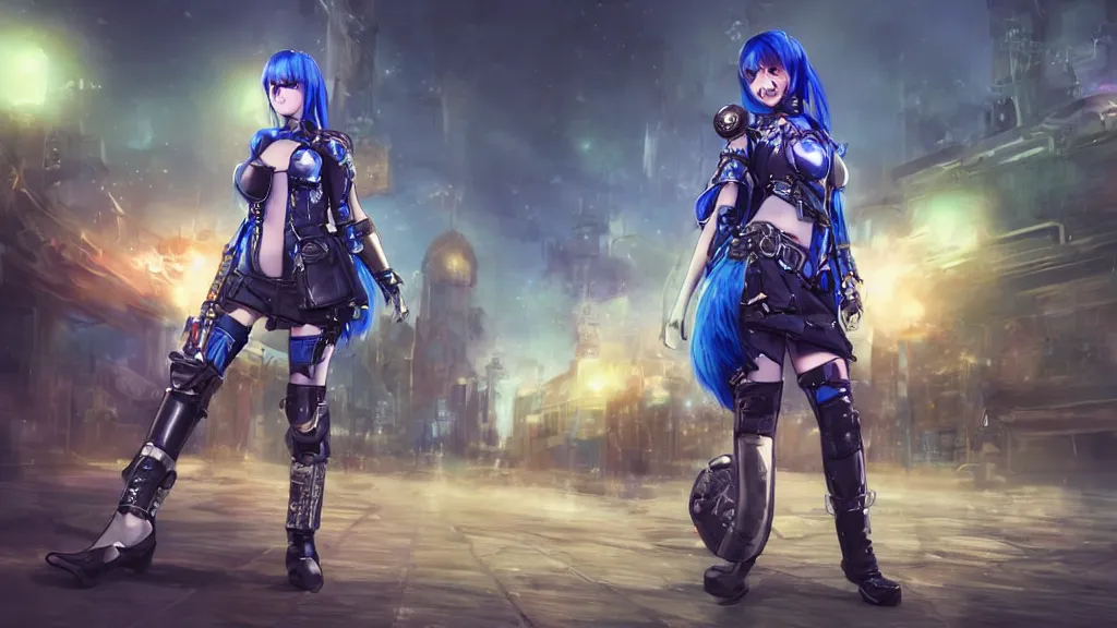 Prompt: cosplay blue haired, solo female character, light armour, miniskirt, riding steampunk motorcycle, in fantasy sci - fi city, night time, city lights, motion blur, final fantasy, cinematic, realistic, stylised, unreal engine, lumen, realistic, artgerm