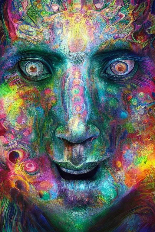 Image similar to hyperrealistic abstract close-up Renaissance psychedelic!! celestial happy! pure creature!! peaceful! kind spirit of nature! beautiful fractal!! eyes! highly detailed concept art eric zener elson peter cinematic hard rainbow lighting high angle hd 8k sharp shallow depth of field endless, inspired by Zdzisław Beksiński Salvador Dali