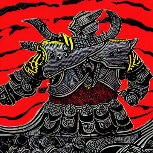 Image similar to mork borg, armored vikings coming out of red waves, graphic, black and yellow, intricate, ultra detailed