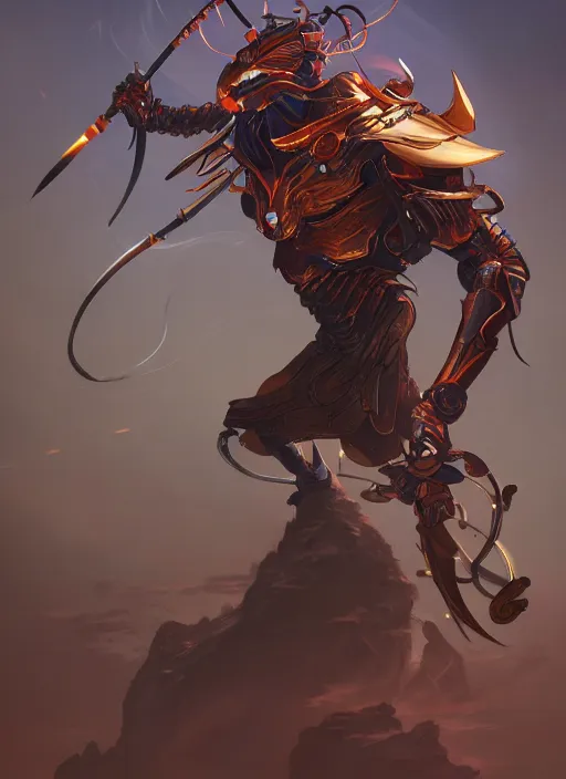 Prompt: Insectoid Samurai, in the style of Sam Guay and Fenghua Zhong and James Jean, epic lighting, rim light, stunning scene, trending on artstation