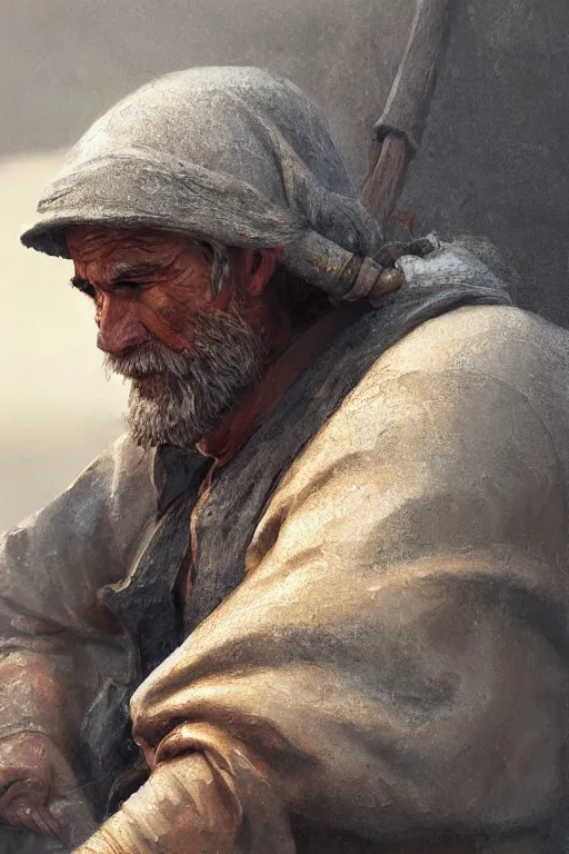 Image similar to medieval fisherman, close-up portrait, poor, intricate, elegant, volumetric lighting, scenery, digital painting, highly detailed, artstation, sharp focus, illustration, concept art,ruan jia, steve mccurry