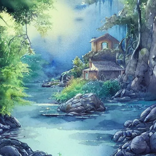 Prompt: beautiful happy picturesque charming sci - fi organic homes in a beautiful natural scene. water, trees and rocks. beautiful light. soft colour scheme. beautiful artistic detailed watercolor by lurid. ( 2 0 2 2 )