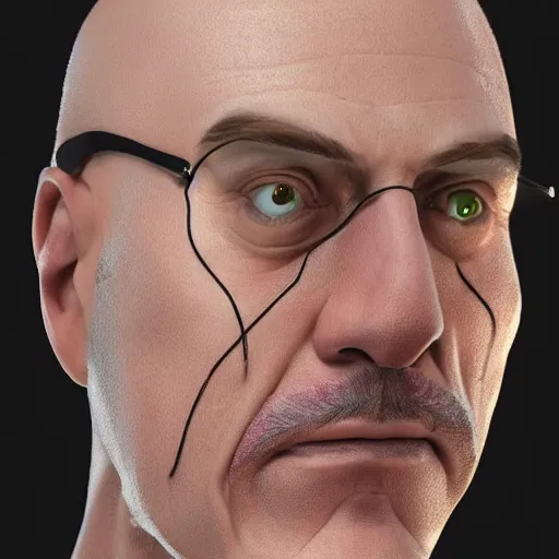 Image similar to A middle-aged Dr. Venture in real life with a hooked nose, a long gaunt face and skinny body and neck, very thin and bald, realistic, very realistic, hyperrealistic, highly detailed, very detailed, extremely detailed, detailed, digital art, oil painting, trending on artstation, headshot and bodyshot, detailed face, very detailed face, extremely detailed face, HD Quality, 8k resolution, very very detailed face, real life