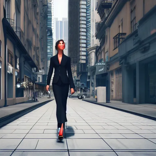 Image similar to a woman in a business suit walking down a busy city street. 3 d octane render