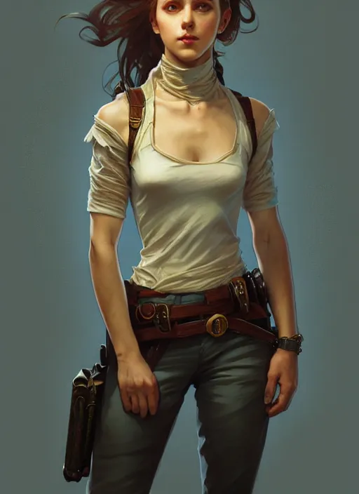 Image similar to portrait of a full body of beautiful young female detective, d & d, sleeveless turtleneck, fantasy, flat lighting, intricate, highly detailed, digital painting, artstation, concept art, smooth, sharp focus, illustration, art by simon bisley and greg rutkowski and alphonse mucha, natural tpose