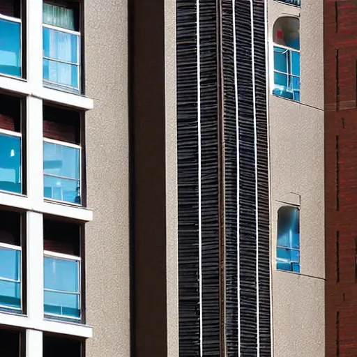 Image similar to long hair growing from windows and doors of large apartment building, the hair reaches the ground, realistic