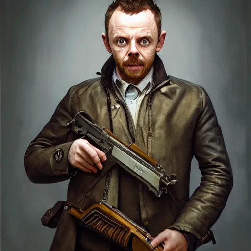 Image similar to portrait painting of simon pegg smiling with a winchester, ultra realistic, concept art, intricate details, eerie, highly detailed, photorealistic, octane render, 8 k, unreal engine. art by artgerm and greg rutkowski and alphonse mucha