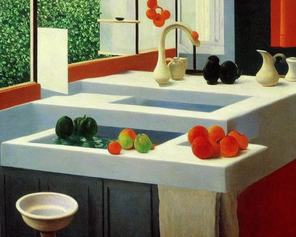 Image similar to achingly beautiful painting of a sophisticated, well - decorated kitchen sink by rene magritte, monet, and turner. whimsical.